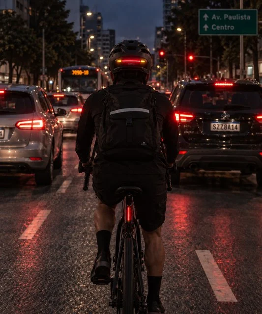 Ciclista à noite no trânsito da Avenida Paulista, com o SafeDrive aceso no capacete.