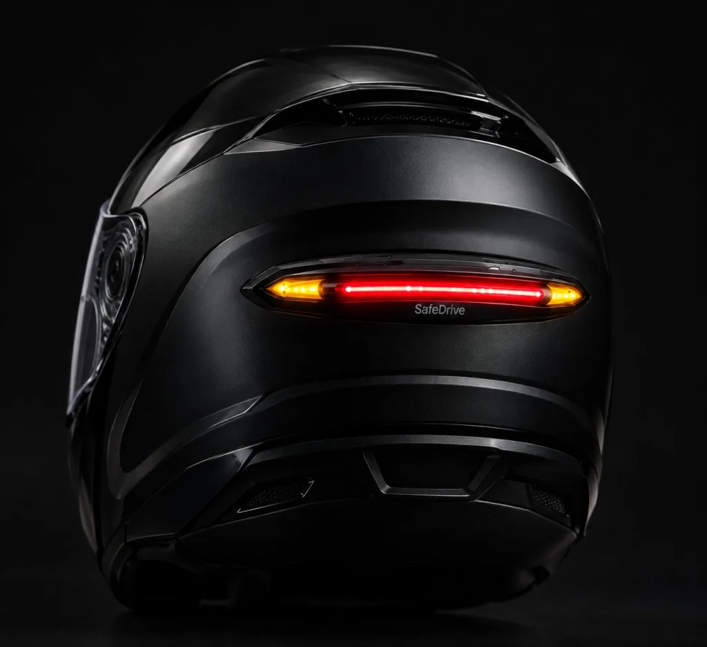 Capacete preto com o módulo SafeDrive aceso: luz de freio vermelha no centro e setas âmbar nas extremidades.