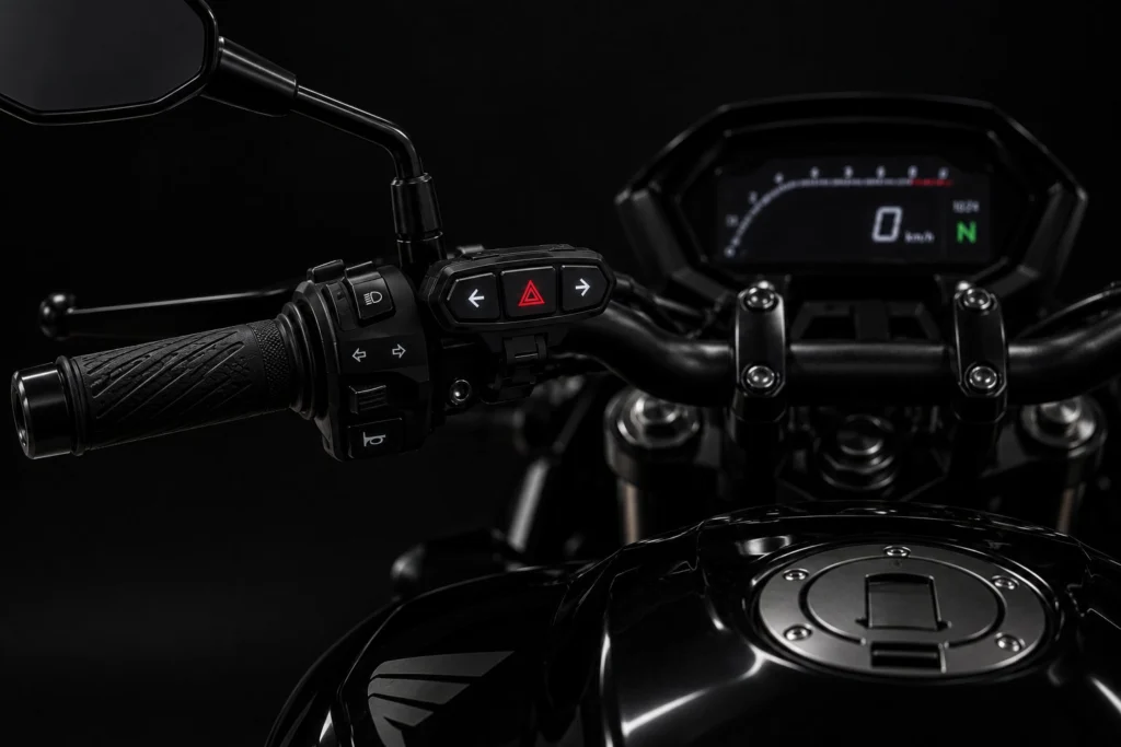 Controle SafeDrive instalado no guidão de uma motocicleta, com botões de seta esquerda, pisca-alerta e seta direita.