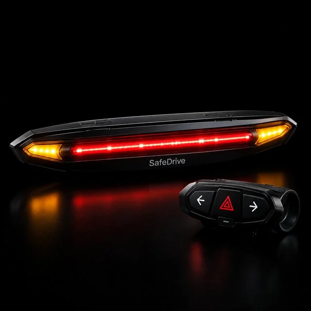 Módulo de capacete SafeDrive aceso ao lado do controle de guidão.
